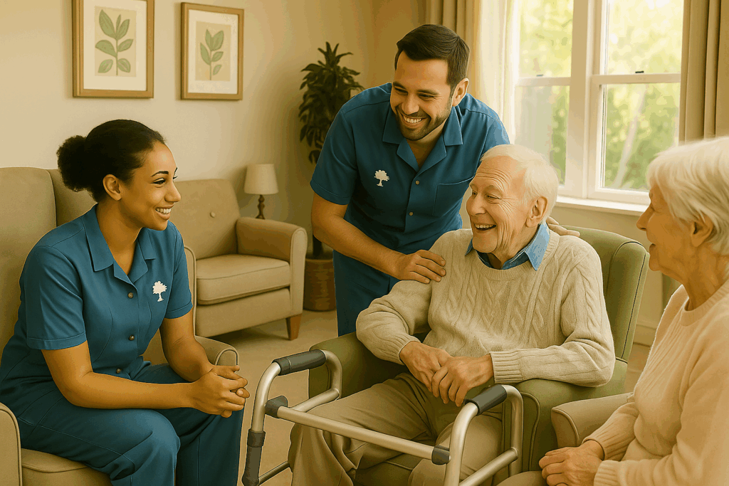 Care home scene showing Care Home workers that need Enhanced DBS Checks