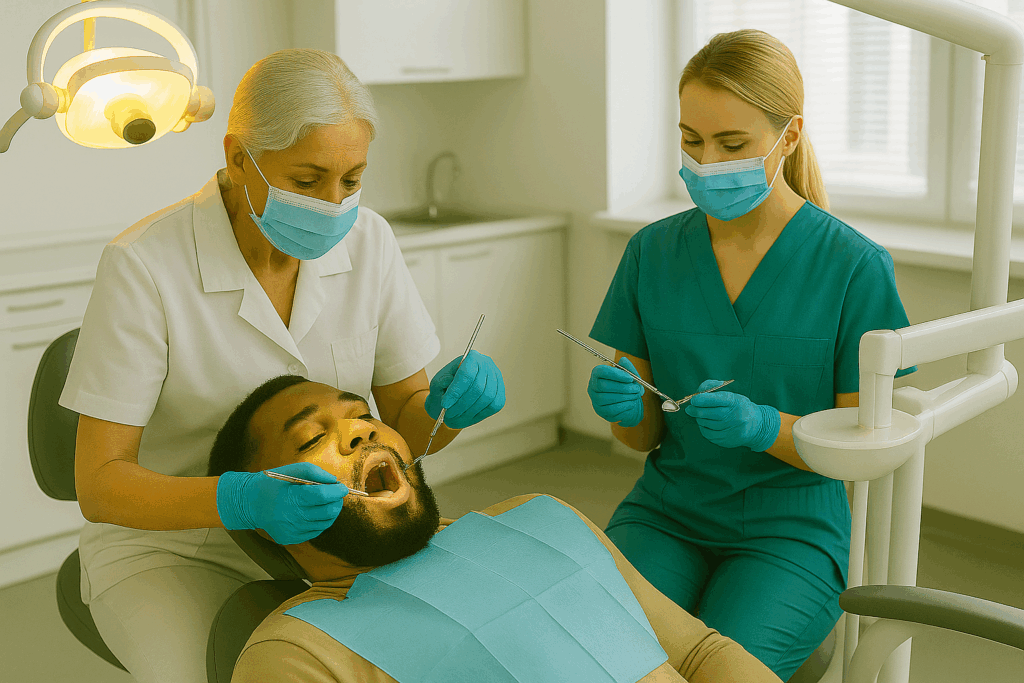 Dentist with a dental nurse and a patient. Representing DBS checks for Dentist and her Nurse