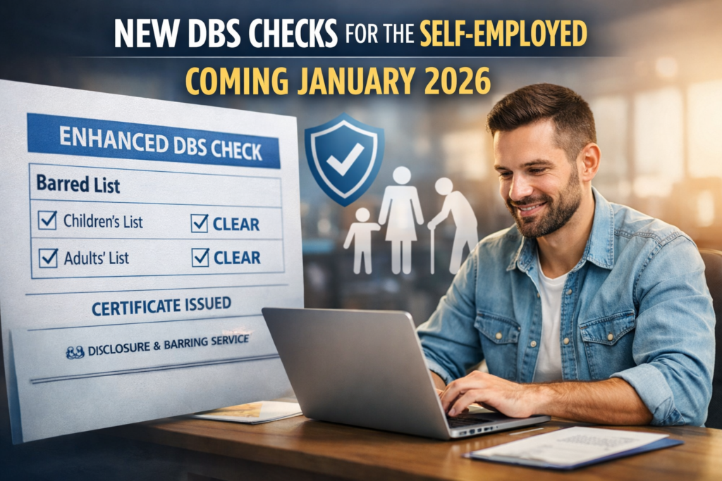 Self-employed professional applying online for an Enhanced DBS check following the January 2026 legislation change.