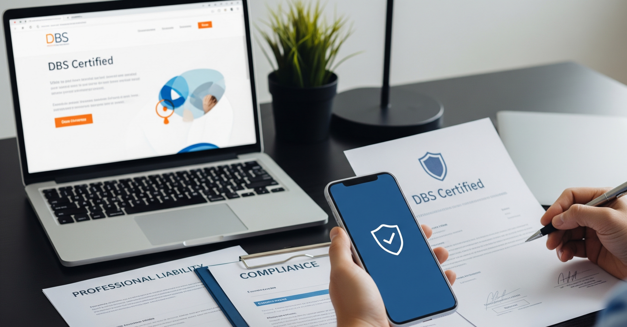 A professional desk setup for a sole trader featuring a laptop showing a DBS certificate, documents labeled "Professional Liability" and "Compliance," and a person holding a smartphone with a secure shield icon.