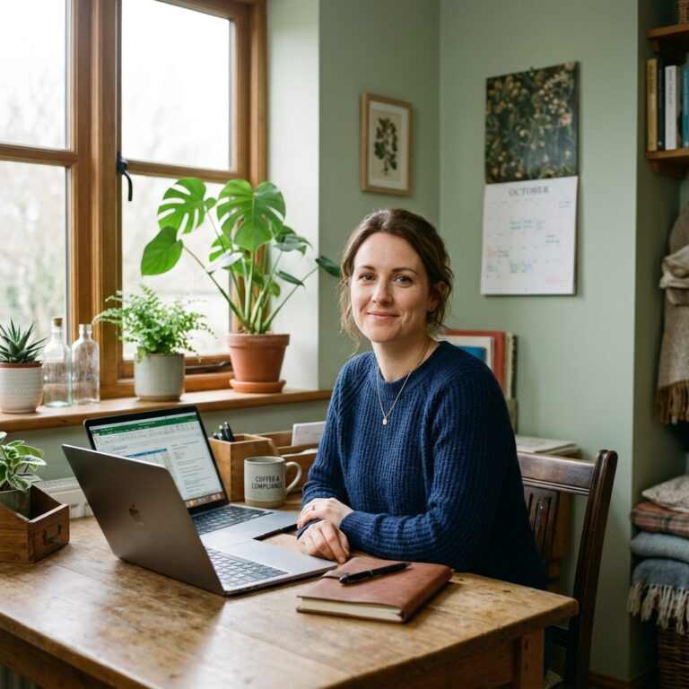 A professional woman in a home office with 2 laptops looking directly at the camera