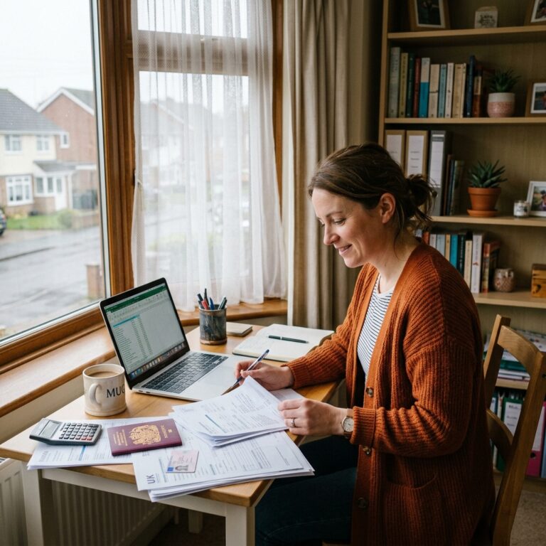 A self-employed professional sitting at a home office desk reviewing identity documents including a passport and driving licence, with a laptop and mug of tea nearby, representing the preparation and compliance process for DBS checks and client work.