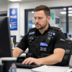 UK police officer working at a computer in a police office environment