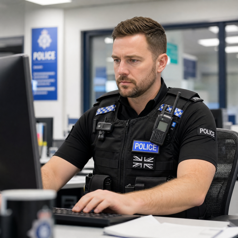 UK police officer working at a computer in a police office environment