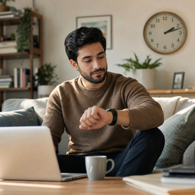 Person at home checking the time while waiting on a laptop nearby