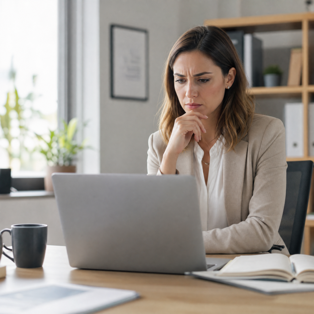 Professional comparing DBS check provider options on a laptop at an office desk
