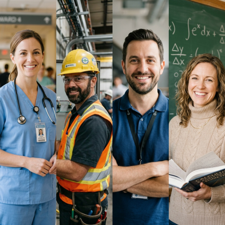 Four professionals shown side by side representing occupations that require DBS checks: a nurse in blue scrubs with a stethoscope and ID badge, a construction worker in a high visibility vest and yellow hard hat, a youth worker in a blue polo shirt with a lanyard, and a teacher in a cream cable-knit jumper holding an open textbook in front of a green chalkboard with equations.