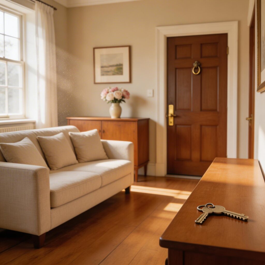 A bright, tidy British living room with house keys on a hallway table — representing the trust homeowners place in DBS-checked domestic cleaners