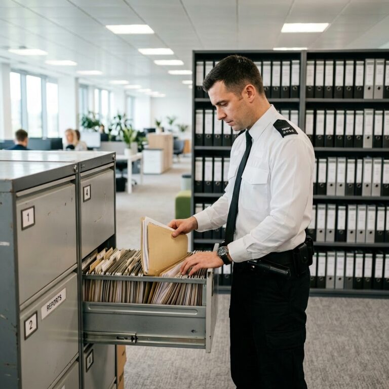 How Long Does a DBS Check Take Alt Text: UK police officer retrieving files from a cabinet during the DBS check process
