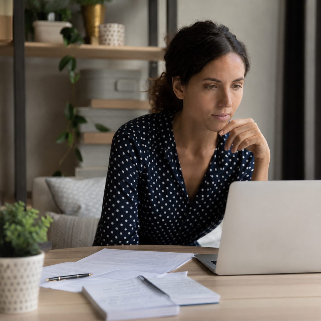 Person looking thoughtful at a laptop while checking paperwork, wondering how long a DBS check takes.
