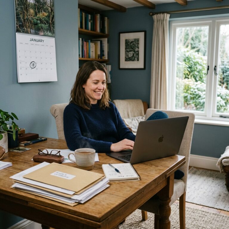 A professional leaning back with a satisfied expression after completing a DBS application on a laptop, with a January calendar and post on the desk, symbolising the 2026 legislative change allowing self-employed workers to apply for Enhanced checks.