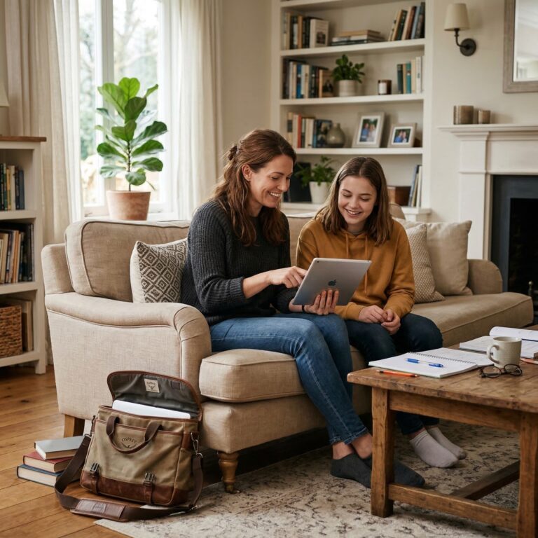 A self-employed private tutor leaning over a table to help a young child with homework in a bright modern home, representing trust, safeguarding, and the positive impact of one-on-one education.