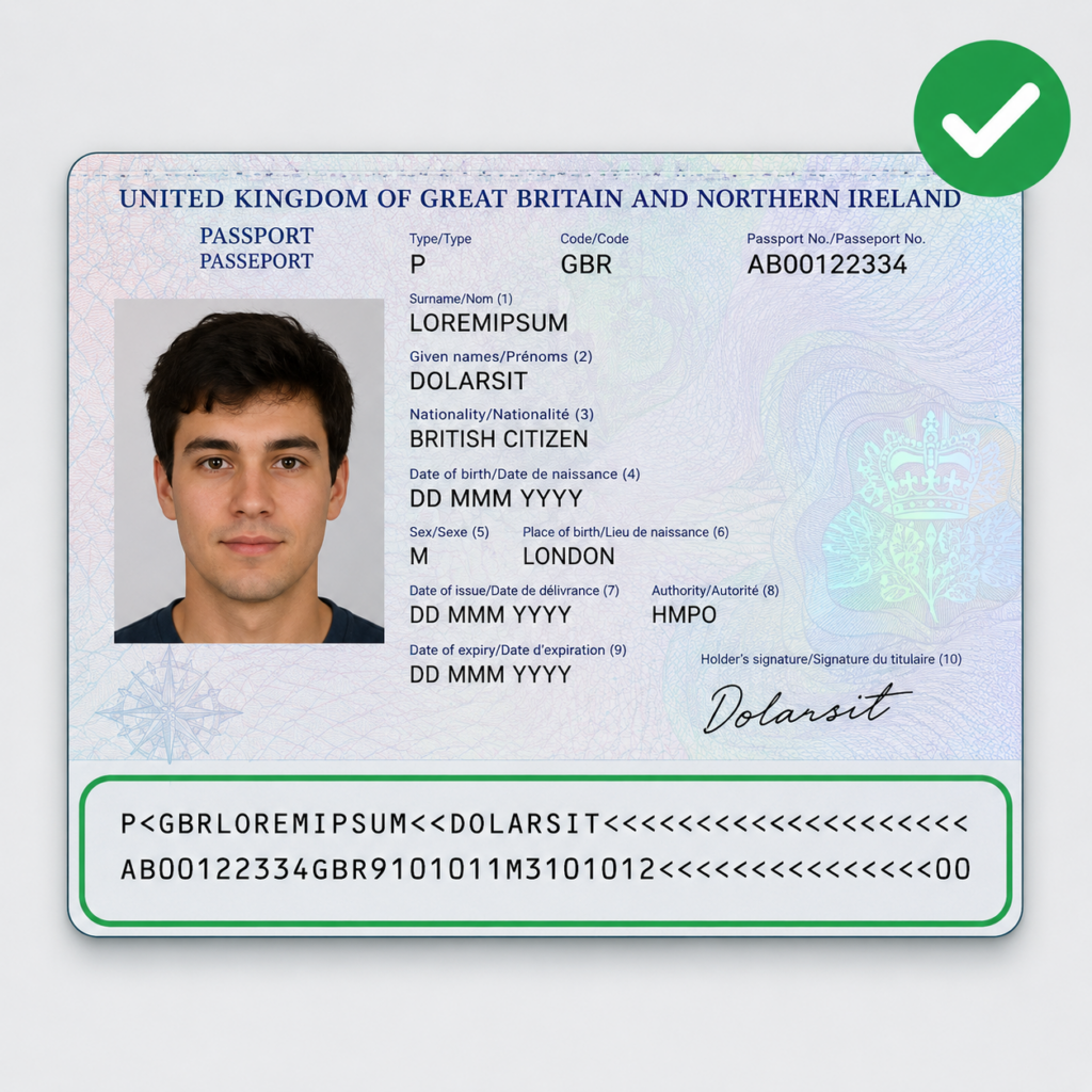 Correct example of a UK passport data page clearly showing the photo, personal details, all corners and full MRZ for a DBS identity check.
