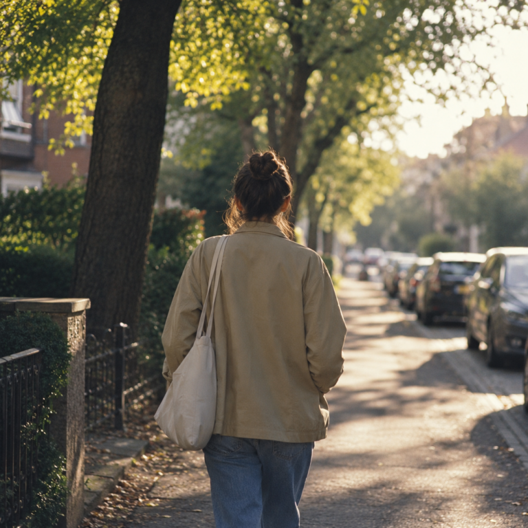 Person with a shoulder bag walking along a sunlit tree-lined street on the way to work