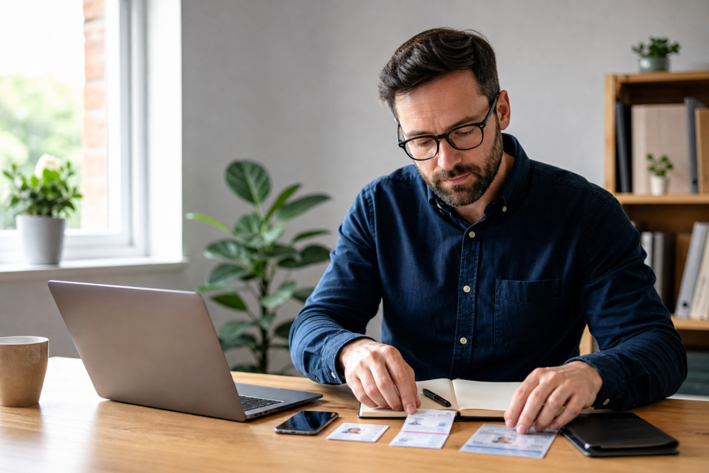 A self-employed professional preparing identity documents for a DBS check