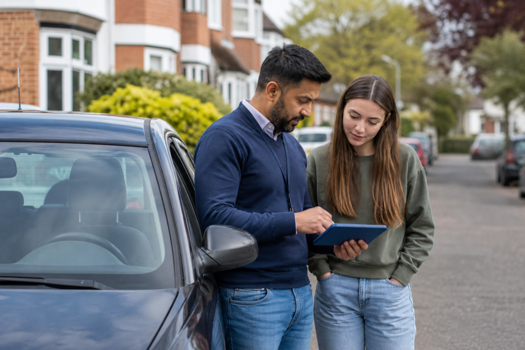 Driving instructor and learner beside a dual-control car in the UK