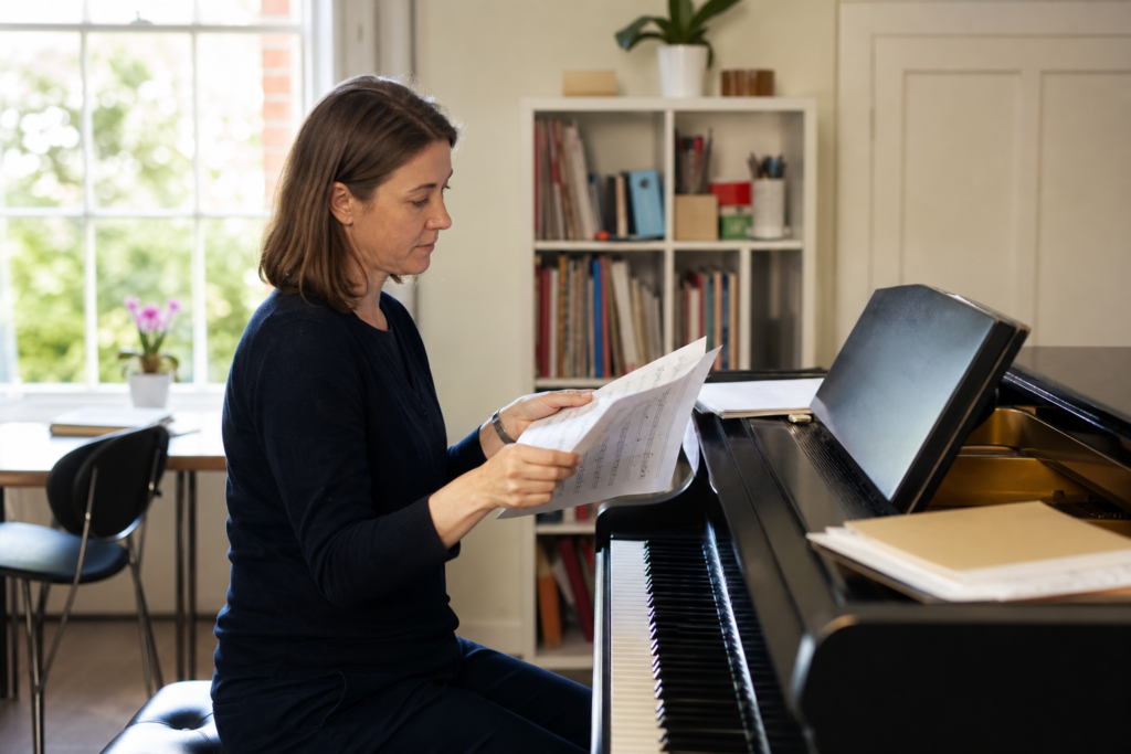 Music teacher preparing a lesson in a UK teaching room