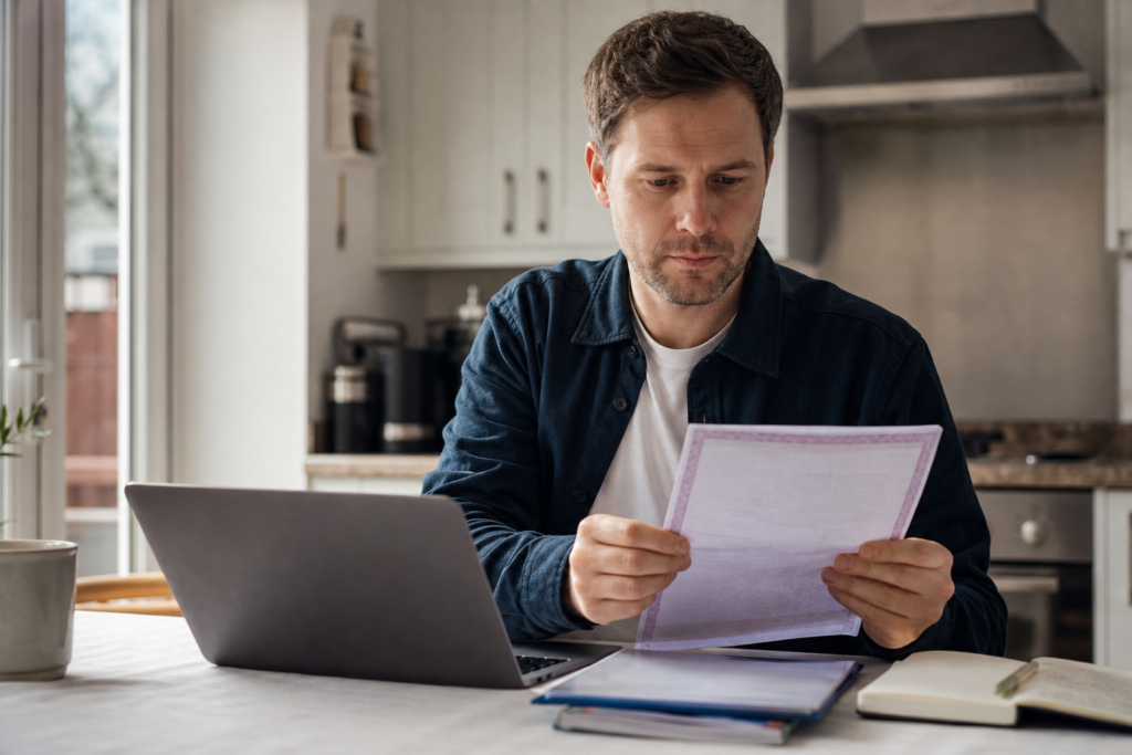 Self-employed professional checking a DBS certificate and laptop at home
