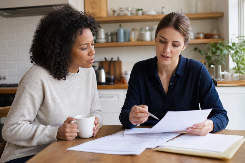 Self-employed professional discussing DBS documents with a client in a UK home