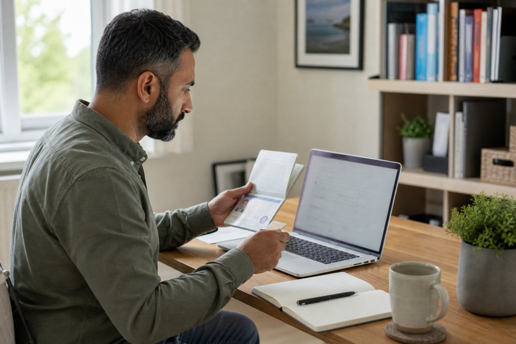 Self-employed professional reviewing DBS application documents at a desk
