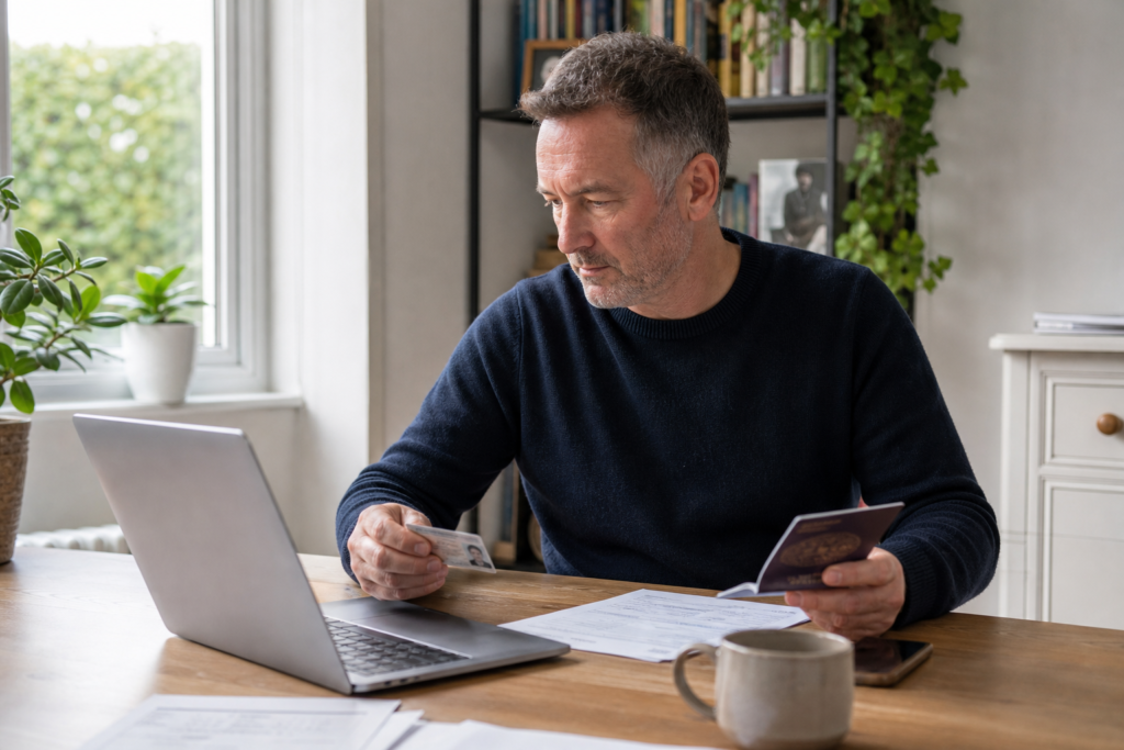 Self-employed professional reviewing DBS application documents at a laptop