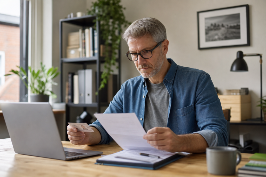 Self-employed professional reviewing DBS application paperwork at a desk