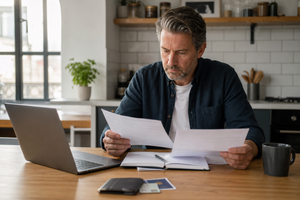 Self-employed professional reviewing DBS application paperwork at home