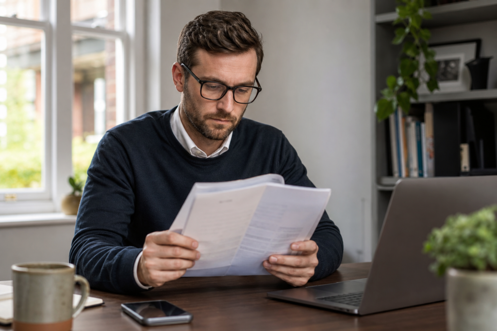 Self-employed professional reviewing DBS certificate paperwork at a desk