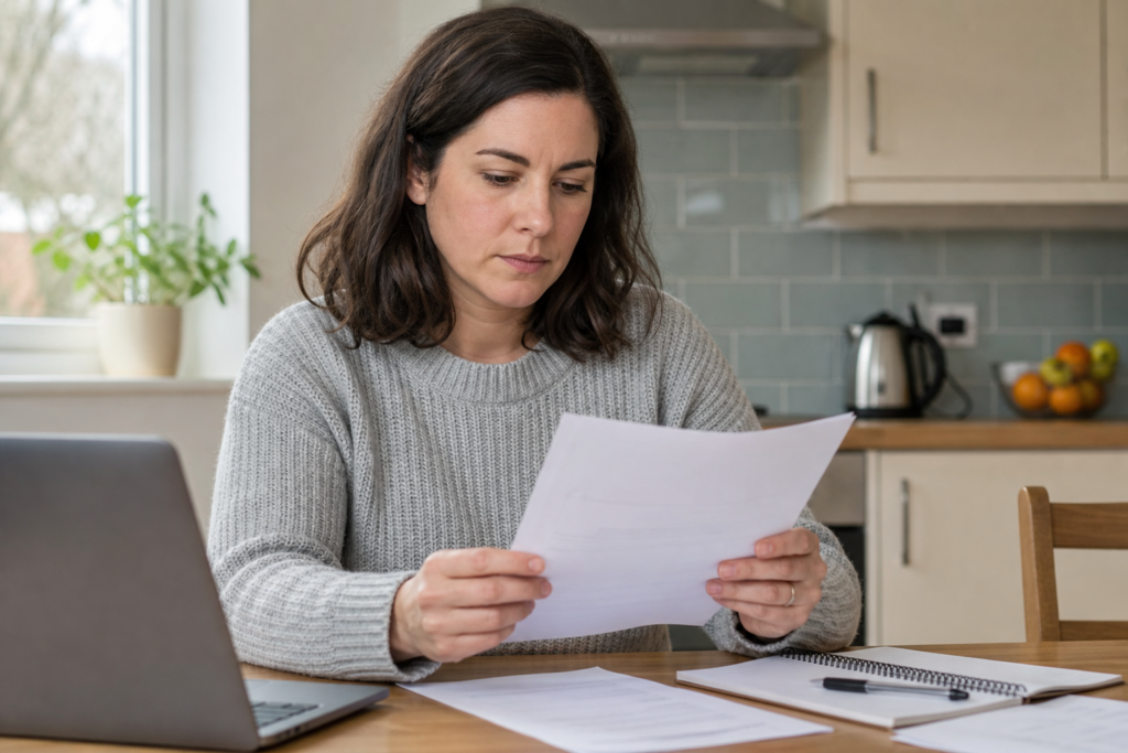 Self-employed professional reviewing DBS paperwork at a table