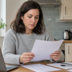Self-employed professional reviewing DBS paperwork at a table