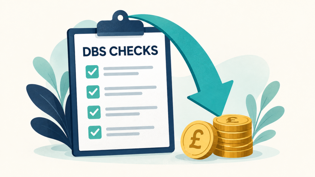 Illustrative DBS checklist with a pen and pound coins on an office desk.