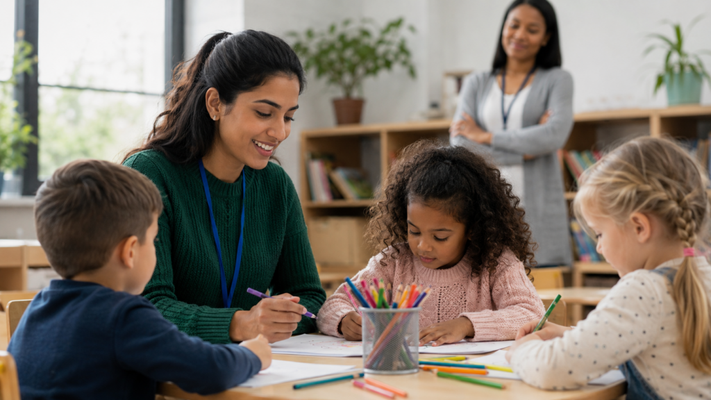 Adult supervising children during a classroom activity following the 2026 DBS regulated activity changes