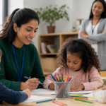 Adult supervising children during a classroom activity following the 2026 DBS regulated activity changes