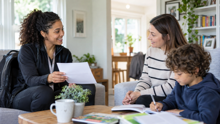 Parent speaking with a self-employed tutor in a bright home setting while a child studies nearby, with the tutor showing a document representing a DBS check.